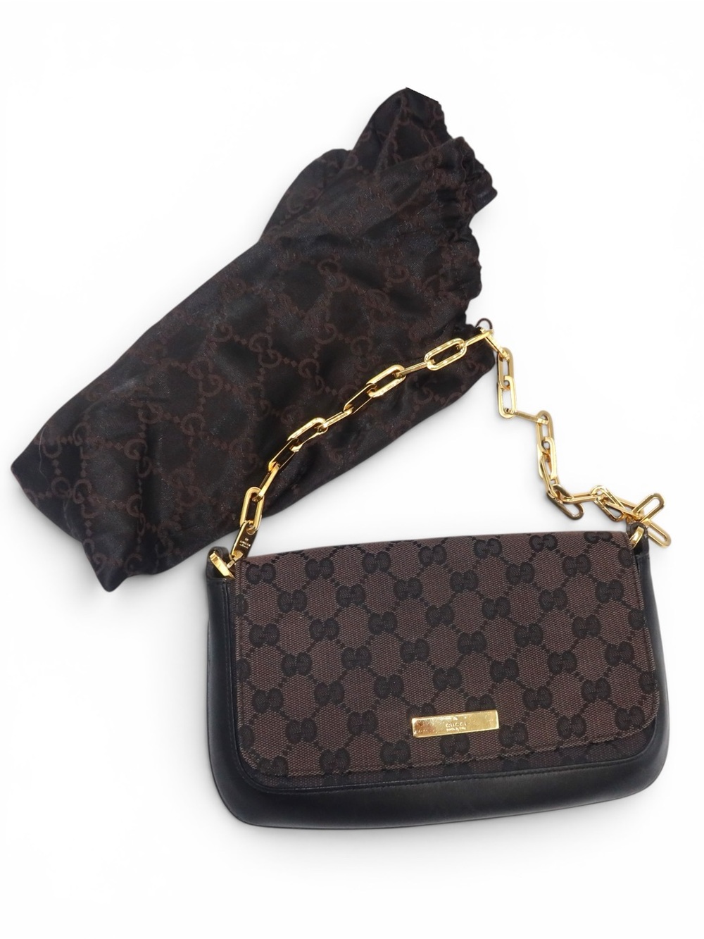 Gucci Vintage GG Canvas Chain Shoulder Bag Brown & Black | Gold Hardware
